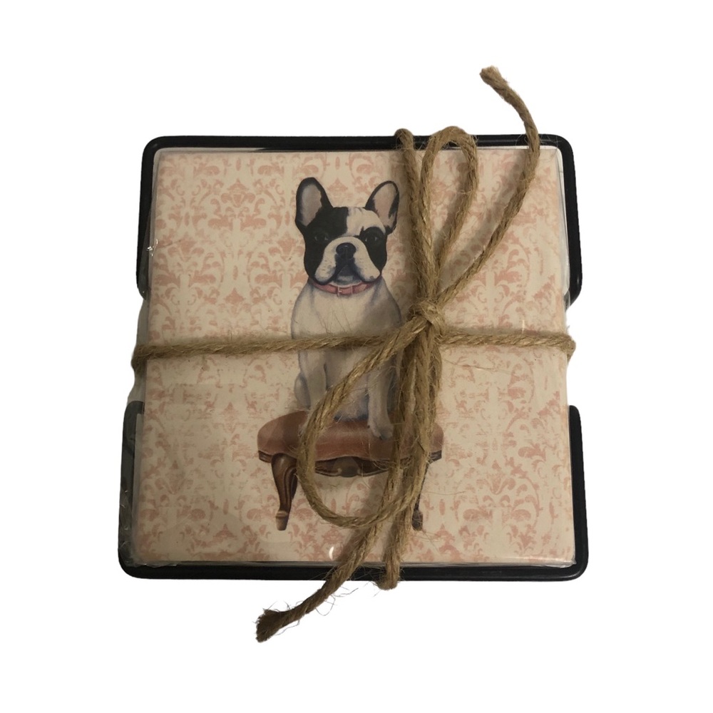 Set of 4 French bulldog ceramic coasters with holder. New - Picture 3 of 3